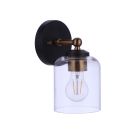 The Coppa - 18705FBSB1 is a modern wall-mounted bath vanity light with a black round base, satin brass arm, and clear glass shades that expose an LED bulb, blending industrial and contemporary designs.