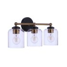 The Coppa - 18719FBSB3 bath vanity light features three lights, a black circular mount, and a horizontal satin brass arm, supporting clear glass shades with individual bulbs.