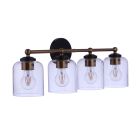 The Coppa - 18726FBSB4 is a modern bath vanity light with four vintage-style exposed bulbs in clear glass shades. It features a black backplate and bronze hardware, blending contemporary design with timeless charm.