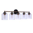 The Coppa - 18733FBSB5 is a modern bath vanity light with five clear glass shades encasing visible bulbs. It features a horizontal alignment with a black round base and a satin brass frame elegantly supporting the shades.