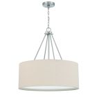 Meet the Duke - 56594 pendant, a modern ceiling light with a beige linen drum shade and brushed nickel metal rods. It offers warm illumination and hangs elegantly from a chain connecting to its matching ceiling mount.