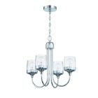 The Wrenn - 58124 is a modern chandelier with a sleek chrome finish and minimalist style, showcasing five curved arms with clear cylindrical glass shades encasing the bulbs. Its suspended from a chain for understated elegance and mounted on a circular cei