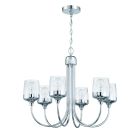 The Wrenn - 58126 chandelier has six curved metallic arms and clear glass shades. Its suspended by a chain, showcasing its minimalist style with exposed bulbs, creating an elegant and contemporary look.