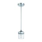 Introducing the Wrenn - 58191 pendant light by Wrenn Lighting, featuring a sleek chrome finish and minimalist style. It boasts a cylindrical clear glass shade on a metallic rod, elegantly showcasing the visible bulb inside.