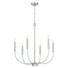 Experience the elegance of the Traci - 59826 chandelier, featuring a brushed metal finish, six upward-curving arms with candle flame bulbs, and a chain-secured circular ceiling mount. Ideal for any space.