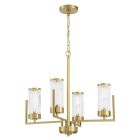 Explore the Whittley - 60124-SB, a modern gold chandelier with a vertical stem and four horizontal arms, each holding an upright cylindrical fluted glass shade, elegantly suspended from a chain.