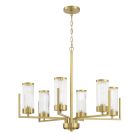 The Whittley - 60126-SB chandelier by Craftmade features six cylindrical fluted glass shades on sleek arms extending from a central column, hanging elegantly from a gold chain and circular ceiling mount.