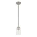 The Lyndsey - 60291 pendant light by Craftmade has a metallic fixture with a cylindrical clear glass shade, and it hangs from a round ceiling mount with a straight metal rod.