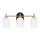 The Council - 60303-FBSB, from the Council lighting collection, is a modern wall fixture with three white cylindrical glass shades. It features a sleek brass finish with a black oval backplate and satin brass accents, offering an elegant look for contempo