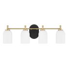 Part of the Council lighting collection, the 60304-FBSB from Craftmade is a modern wall light featuring four white frosted glass shades, a brass-toned metal frame, and a black oval base for easy wall mounting.