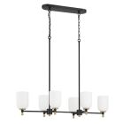 The Council - 60376-FBSB chandelier is a modern piece from the Council Lighting Collection, featuring a black rectangular fixture with six white cylindrical shades. It hangs by two chains and showcases Craftmade’s signature gold accents at each lights bas