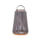 The Sea Scape - 86296SS-OTR from the Craftmade Solar Lantern collection is a modern cone-shaped lantern featuring vertical gray slats, a wooden base, metallic top, and black handle. Ideal as a rechargeable lantern for indoor use or outdoor solar enjoyment