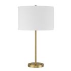 Explore versatile lighting with the Jones - 87009 table lamp, showcasing a modern white cylindrical shade and a sleek brass base and stem, elegantly set against a plain white background.