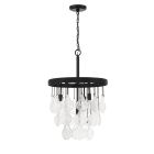 The Vesi - P980 chandelier boasts a modern black metal frame adorned with multiple textured glass pieces resembling leaves or petals. It supports candelabra base bulbs and is suspended by a rod and chain, offering an elegant and stylish pendant light for 