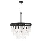 The Vesi - P981, a modern masterpiece, features a circular black metal frame with glass leaf-shaped pendants. Hanging by a chain, this chandelier shines brilliantly with Candelabra Based bulbs for an elegant touch.