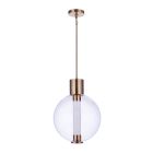 The Watson - P995SB-LED is a modern pendant light with a large clear glass globe and satin brass finish. It has a dimmable integrated LED in its cylindrical bulb holder and hangs elegantly from a brass rod attached to a round ceiling mount.