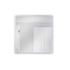 The LED Lighted Mirror - MIR3601SQ-W3C, a square mirror with rounded corners, softly illuminates the white room with adjustable color temperature. A partially open white door and a glass shower enclosure to the left enhance the minimalistic and inviting a