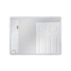 The LED Lighted Mirror (MIR4801RT-W3C) reflects a partially visible shower with a glass door on the left and a white paneled door on the right, all set against a light gray wall. This mirror features adjustable lighting and a defogger, adding convenience 