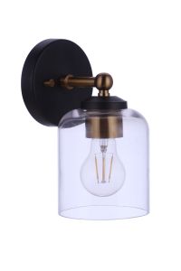 The Coppa - 18705FBSB1 is a modern wall-mounted bath vanity light with a black round base, satin brass arm, and clear glass shades that expose an LED bulb, blending industrial and contemporary designs.