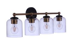 The Coppa - 18726FBSB4 is a modern bath vanity light with four vintage-style exposed bulbs in clear glass shades. It features a black backplate and bronze hardware, blending contemporary design with timeless charm.