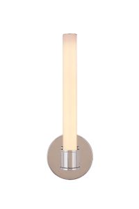 The Alina - 20105 is a wall-mounted cylindrical light fixture featuring a polished metal base and elongated frosted glass shade. It emits a warm glow and is ADA-compliant with a circular backplate, blending modern minimalism with energy-efficient LED ligh