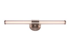 The Contrast - 20224 by Craftmade is a modern LED vanity light with a brushed metal finish. Featuring a long cylindrical form centered on a round base with frosted white glass, it emits a soft glow ideal for bathrooms or vanity areas and is ADA-compliant.