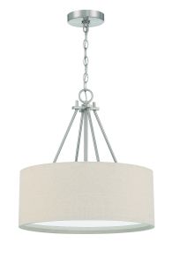 The Duke - 56593 is a modern pendant light with a beige linen drum shade. It provides warm illumination, supported by a metallic chain and rod to a circular ceiling mount. Clean lines and neutral tones give it an inviting contemporary look.