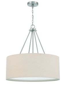 Meet the Duke - 56594 pendant, a modern ceiling light with a beige linen drum shade and brushed nickel metal rods. It offers warm illumination and hangs elegantly from a chain connecting to its matching ceiling mount.