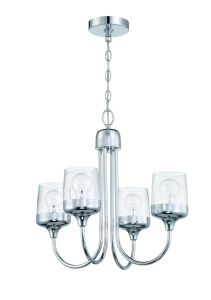 The Wrenn - 58124 is a modern chandelier with a sleek chrome finish and minimalist style, showcasing five curved arms with clear cylindrical glass shades encasing the bulbs. Its suspended from a chain for understated elegance and mounted on a circular cei