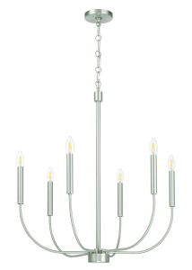 Experience the elegance of the Traci - 59826 chandelier, featuring a brushed metal finish, six upward-curving arms with candle flame bulbs, and a chain-secured circular ceiling mount. Ideal for any space.