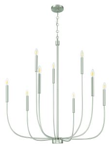 The Traci - 59829 chandelier boasts a sophisticated modern design with ten upward-curving silver-finished arms, each hosting a candle-shaped LED bulb. Its minimalist island style hangs elegantly from a central rod attached to the ceiling mount.