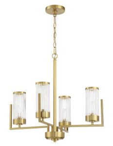 Explore the Whittley - 60124-SB, a modern gold chandelier with a vertical stem and four horizontal arms, each holding an upright cylindrical fluted glass shade, elegantly suspended from a chain.