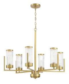 The Whittley - 60126-SB chandelier by Craftmade features six cylindrical fluted glass shades on sleek arms extending from a central column, hanging elegantly from a gold chain and circular ceiling mount.