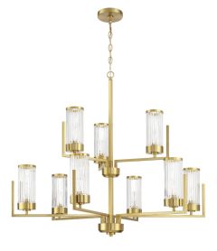 The Whittley - 60129-SB gold chandelier has a sleek central rod with four arms, each holding two ribbed glass shades. Positioned symmetrically and hanging from a gold chain, its perfect for adding modern sophistication to any space.