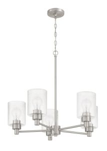 A part of the Lyndsey collection, the Lyndsey - 60225 chandelier by Craftmade showcases modern elegance with five clear textured glass shades arranged circularly around a metallic rod. It hangs elegantly from a short chain connected to a round ceiling pla