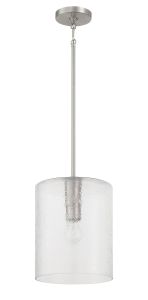 The Lyndsey - 60292 pendant light features a modern design with a cylindrical clear glass shade, visible bulb, and a silver rod and mount, providing sleek and contemporary illumination.