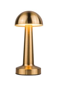 Joni LED Rechargeable slim mushroom-shaped table light in polished brass with warm light on