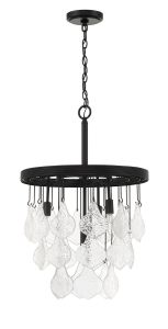 The Vesi - P980 chandelier boasts a modern black metal frame adorned with multiple textured glass pieces resembling leaves or petals. It supports candelabra base bulbs and is suspended by a rod and chain, offering an elegant and stylish pendant light for 