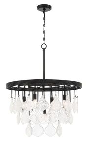 The Vesi - P981, a modern masterpiece, features a circular black metal frame with glass leaf-shaped pendants. Hanging by a chain, this chandelier shines brilliantly with Candelabra Based bulbs for an elegant touch.