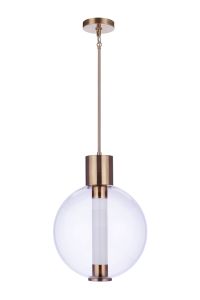 The Watson - P995SB-LED is a modern pendant light with a large clear glass globe and satin brass finish. It has a dimmable integrated LED in its cylindrical bulb holder and hangs elegantly from a brass rod attached to a round ceiling mount.