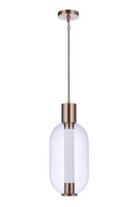 The Holmes - P996SB-LED is a modern pendant light with a satin brass finish and clear glass shade. It features an LED design, hangs from the ceiling with a slender rod, and adds elegance to contemporary interiors with its dimmable light feature.