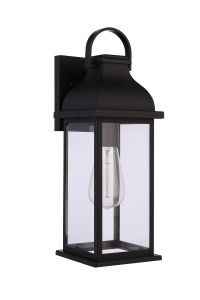 Bent Tree Exterior wall mount lantern in flat black with lights on