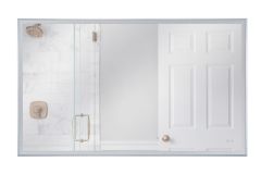 Top-down view of a modern bathroom showcasing a shower with glass door, marble tiles, and metal showerhead. The LED Lighted Mirror (MIR6002RT-BNK3C) with touch dimming adds elegance next to the white panel door with its round doorknob on the right.