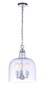 The Jackson - P975 pendant features a clear glass dome shade hanging from a silver chain, housing three visible candelabra lights on a metallic base for a warm glow. It seamlessly blends modern design with timeless elegance.